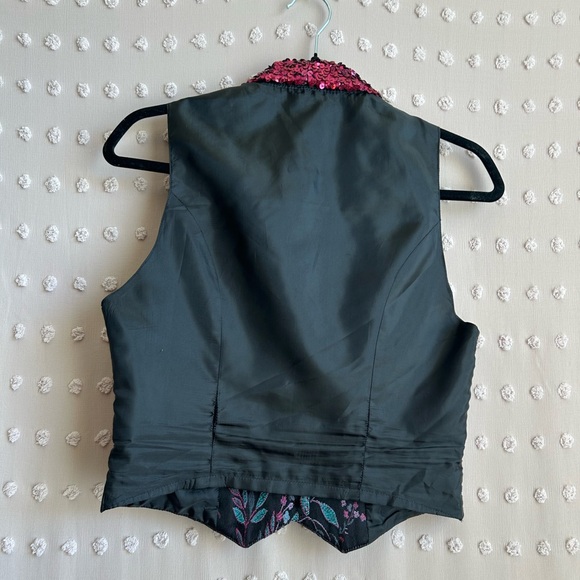 Angelica Vintage Floral Sequined Collar Button Front Vest Sz 10 Black‎ Magenta - Picture 3 of 3